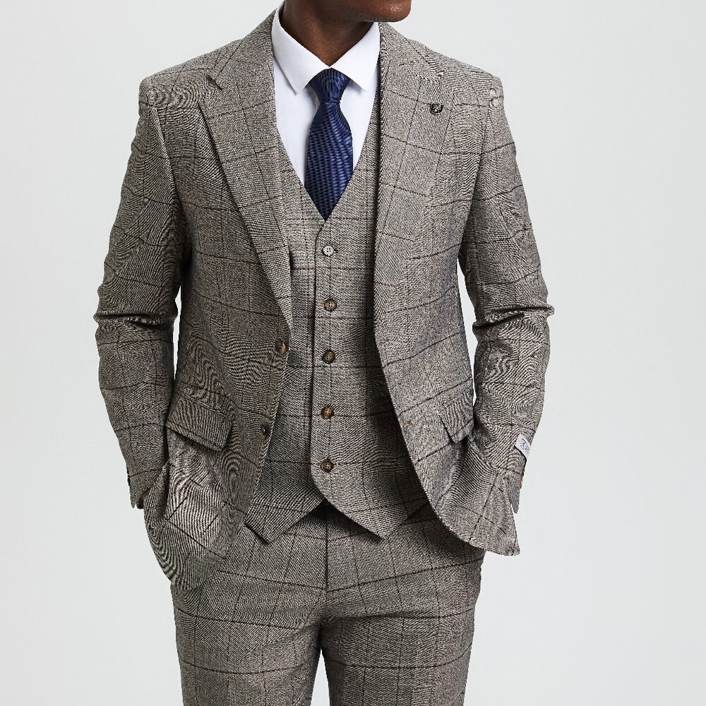 Light Brown Plaid Peak Lapel 3 Piece Stacy Adams Men's Suit